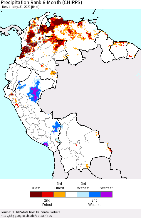 Northern South America Precipitation Rank since 1981, 6-Month (CHIRPS) Thematic Map For 12/1/2019 - 5/31/2020