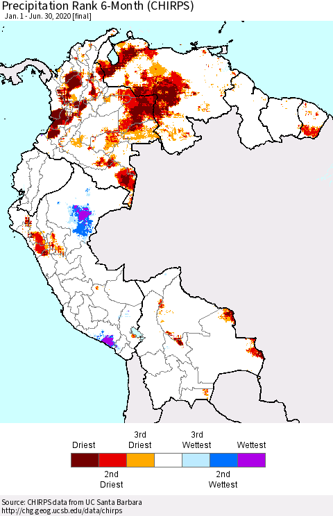 Northern South America Precipitation Rank 6-Month (CHIRPS) Thematic Map For 1/1/2020 - 6/30/2020