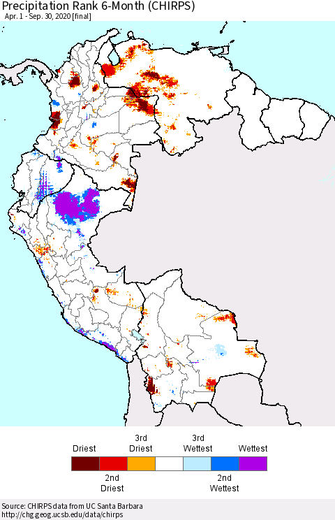 Northern South America Precipitation Rank 6-Month (CHIRPS) Thematic Map For 4/1/2020 - 9/30/2020