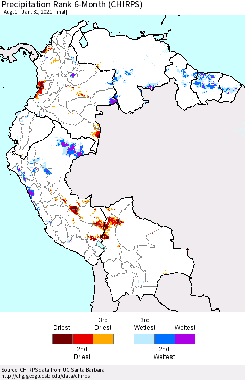Northern South America Precipitation Rank 6-Month (CHIRPS) Thematic Map For 8/1/2020 - 1/31/2021