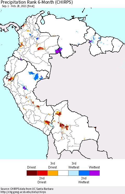 Northern South America Precipitation Rank 6-Month (CHIRPS) Thematic Map For 9/1/2020 - 2/28/2021