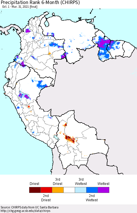 Northern South America Precipitation Rank 6-Month (CHIRPS) Thematic Map For 10/1/2020 - 3/31/2021