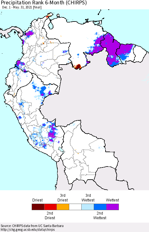 Northern South America Precipitation Rank since 1981, 6-Month (CHIRPS) Thematic Map For 12/1/2020 - 5/31/2021