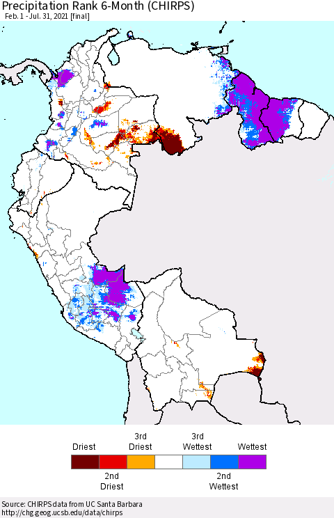 Northern South America Precipitation Rank 6-Month (CHIRPS) Thematic Map For 2/1/2021 - 7/31/2021