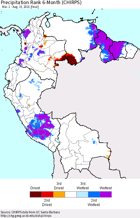 Northern South America Precipitation Rank 6-Month (CHIRPS) Thematic Map For 3/1/2021 - 8/31/2021