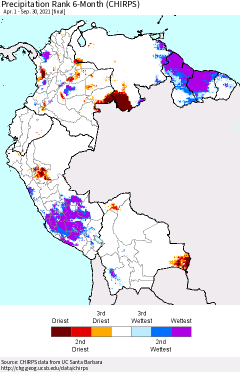Northern South America Precipitation Rank since 1981, 6-Month (CHIRPS) Thematic Map For 4/1/2021 - 9/30/2021