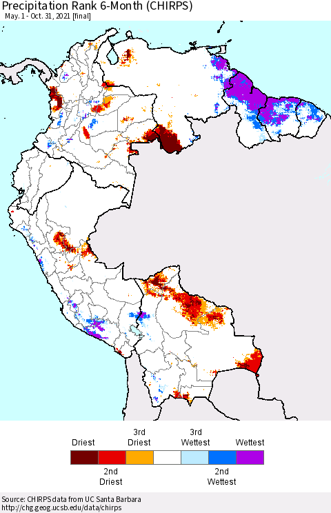 Northern South America Precipitation Rank 6-Month (CHIRPS) Thematic Map For 5/1/2021 - 10/31/2021