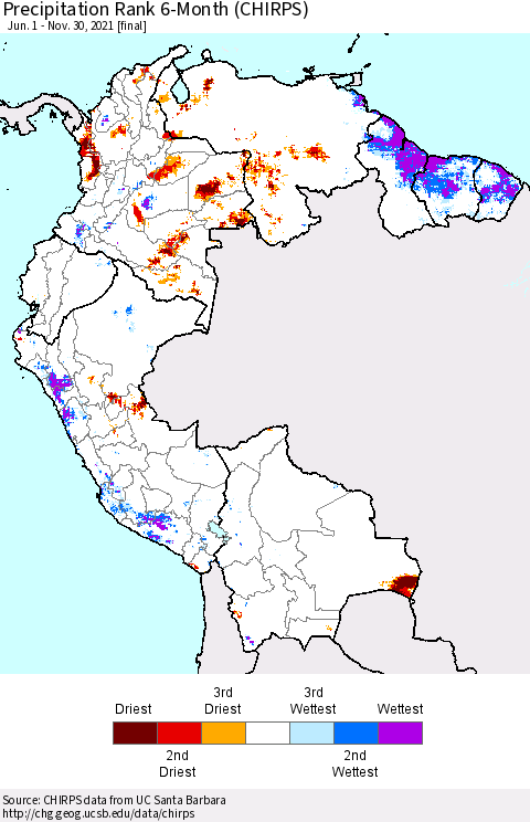 Northern South America Precipitation Rank 6-Month (CHIRPS) Thematic Map For 6/1/2021 - 11/30/2021