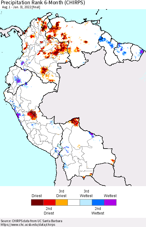 Northern South America Precipitation Rank 6-Month (CHIRPS) Thematic Map For 8/1/2021 - 1/31/2022