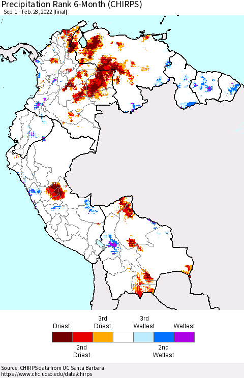 Northern South America Precipitation Rank 6-Month (CHIRPS) Thematic Map For 9/1/2021 - 2/28/2022