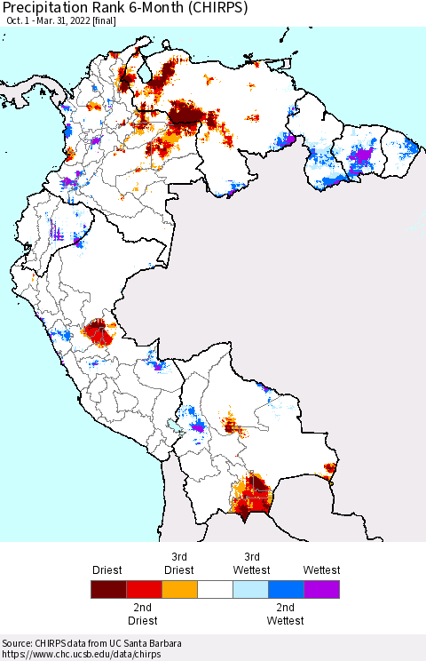 Northern South America Precipitation Rank since 1981, 6-Month (CHIRPS) Thematic Map For 10/1/2021 - 3/31/2022