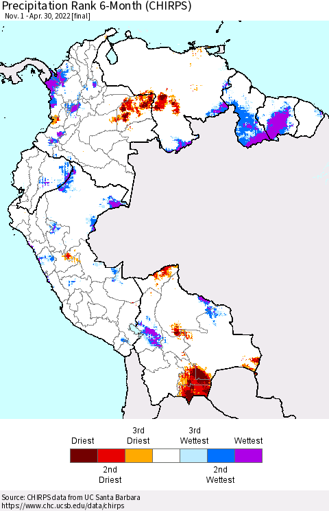 Northern South America Precipitation Rank since 1981, 6-Month (CHIRPS) Thematic Map For 11/1/2021 - 4/30/2022