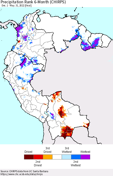 Northern South America Precipitation Rank since 1981, 6-Month (CHIRPS) Thematic Map For 12/1/2021 - 5/31/2022