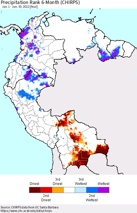 Northern South America Precipitation Rank 6-Month (CHIRPS) Thematic Map For 1/1/2022 - 6/30/2022