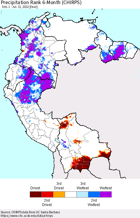 Northern South America Precipitation Rank since 1981, 6-Month (CHIRPS) Thematic Map For 2/1/2022 - 7/31/2022