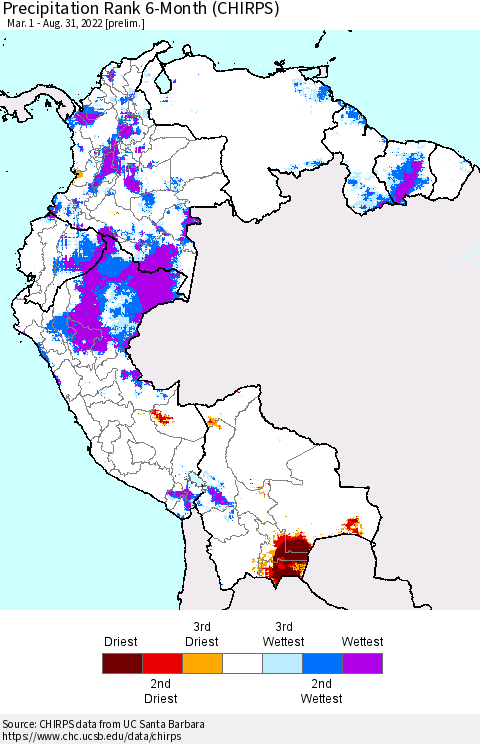 Northern South America Precipitation Rank since 1981, 6-Month (CHIRPS) Thematic Map For 3/1/2022 - 8/31/2022