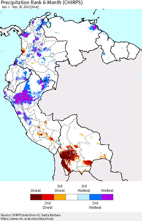 Northern South America Precipitation Rank since 1981, 6-Month (CHIRPS) Thematic Map For 4/1/2022 - 9/30/2022