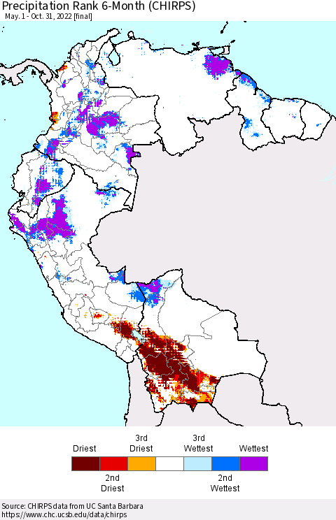 Northern South America Precipitation Rank 6-Month (CHIRPS) Thematic Map For 5/1/2022 - 10/31/2022
