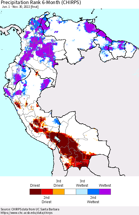 Northern South America Precipitation Rank 6-Month (CHIRPS) Thematic Map For 6/1/2022 - 11/30/2022