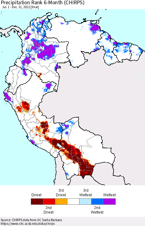 Northern South America Precipitation Rank 6-Month (CHIRPS) Thematic Map For 7/1/2022 - 12/31/2022