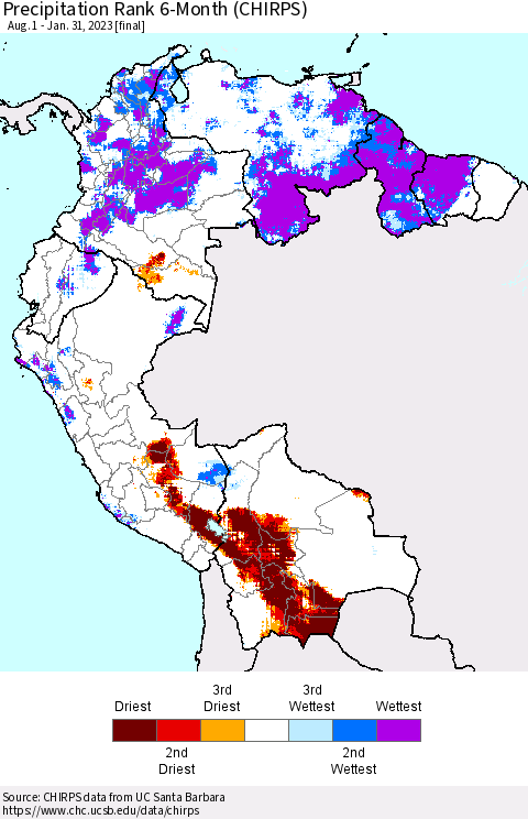 Northern South America Precipitation Rank since 1981, 6-Month (CHIRPS) Thematic Map For 8/1/2022 - 1/31/2023