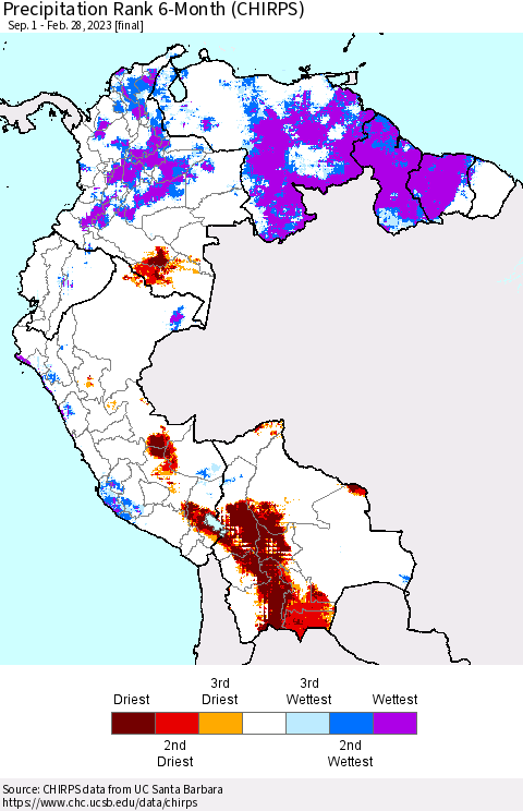 Northern South America Precipitation Rank since 1981, 6-Month (CHIRPS) Thematic Map For 9/1/2022 - 2/28/2023