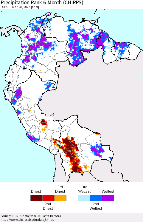 Northern South America Precipitation Rank 6-Month (CHIRPS) Thematic Map For 10/1/2022 - 3/31/2023