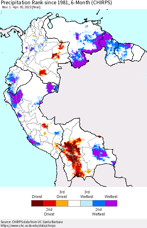 Northern South America Precipitation Rank since 1981, 6-Month (CHIRPS) Thematic Map For 11/1/2022 - 4/30/2023
