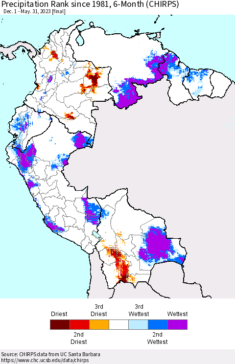 Northern South America Precipitation Rank since 1981, 6-Month (CHIRPS) Thematic Map For 12/1/2022 - 5/31/2023