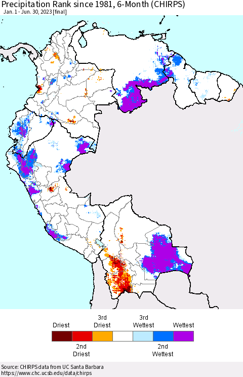 Northern South America Precipitation Rank since 1981, 6-Month (CHIRPS) Thematic Map For 1/1/2023 - 6/30/2023