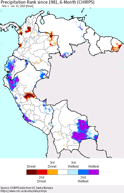 Northern South America Precipitation Rank since 1981, 6-Month (CHIRPS) Thematic Map For 2/1/2023 - 7/31/2023