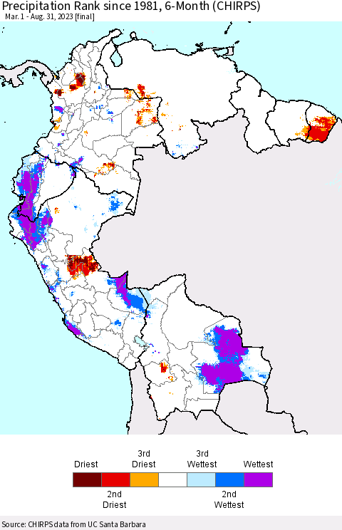 Northern South America Precipitation Rank since 1981, 6-Month (CHIRPS) Thematic Map For 3/1/2023 - 8/31/2023