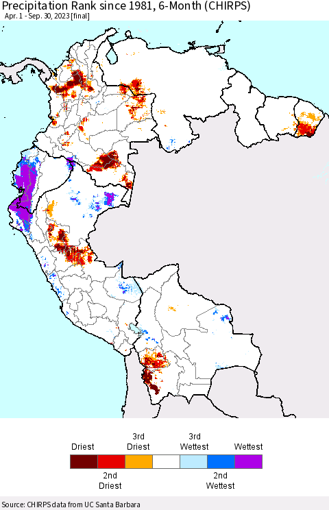 Northern South America Precipitation Rank since 1981, 6-Month (CHIRPS) Thematic Map For 4/1/2023 - 9/30/2023