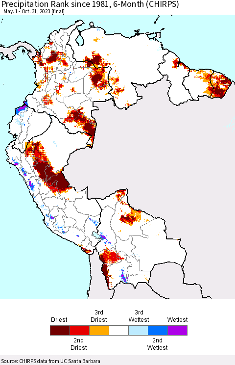 Northern South America Precipitation Rank since 1981, 6-Month (CHIRPS) Thematic Map For 5/1/2023 - 10/31/2023
