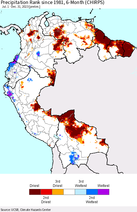 Northern South America Precipitation Rank since 1981, 6-Month (CHIRPS) Thematic Map For 7/1/2023 - 12/31/2023