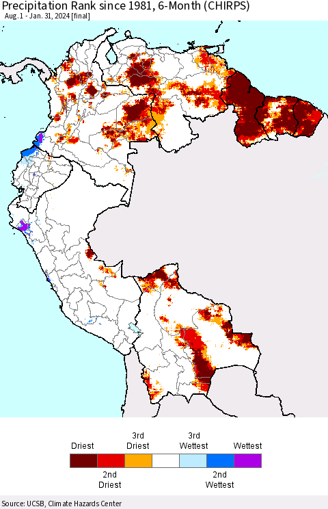 Northern South America Precipitation Rank since 1981, 6-Month (CHIRPS) Thematic Map For 8/1/2023 - 1/31/2024