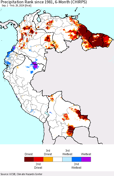 Northern South America Precipitation Rank since 1981, 6-Month (CHIRPS) Thematic Map For 9/1/2023 - 2/29/2024