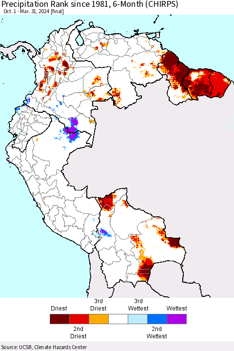 Northern South America Precipitation Rank since 1981, 6-Month (CHIRPS) Thematic Map For 10/1/2023 - 3/31/2024