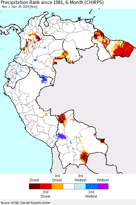 Northern South America Precipitation Rank since 1981, 6-Month (CHIRPS) Thematic Map For 11/1/2023 - 4/30/2024