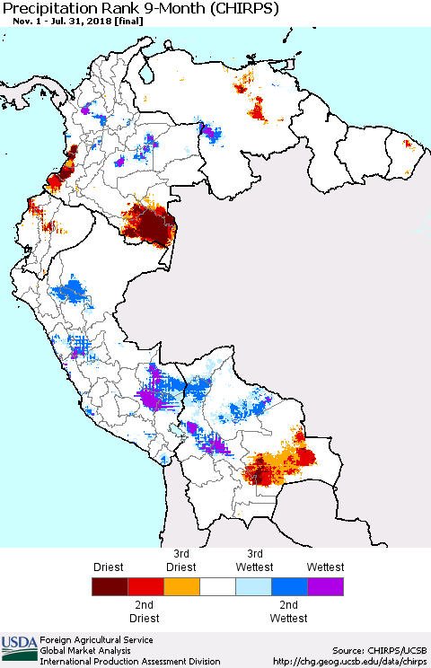 Northern South America Precipitation Rank since 1981, 9-Month (CHIRPS) Thematic Map For 11/1/2017 - 7/31/2018