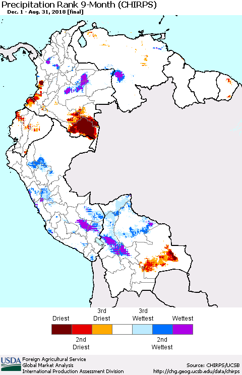 Northern South America Precipitation Rank since 1981, 9-Month (CHIRPS) Thematic Map For 12/1/2017 - 8/31/2018
