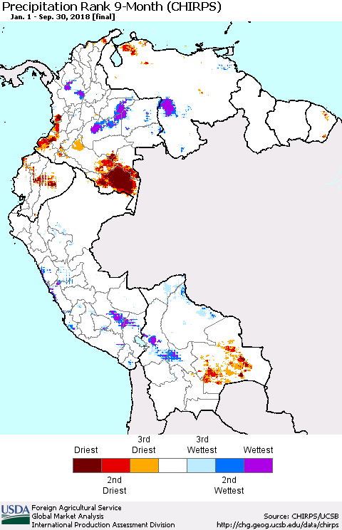 Northern South America Precipitation Rank since 1981, 9-Month (CHIRPS) Thematic Map For 1/1/2018 - 9/30/2018