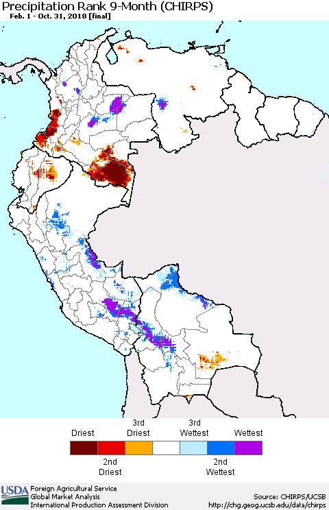 Northern South America Precipitation Rank since 1981, 9-Month (CHIRPS) Thematic Map For 2/1/2018 - 10/31/2018
