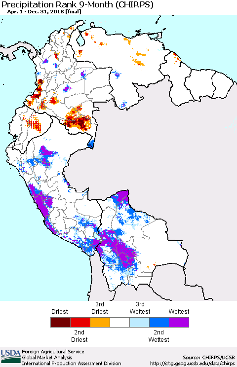 Northern South America Precipitation Rank since 1981, 9-Month (CHIRPS) Thematic Map For 4/1/2018 - 12/31/2018