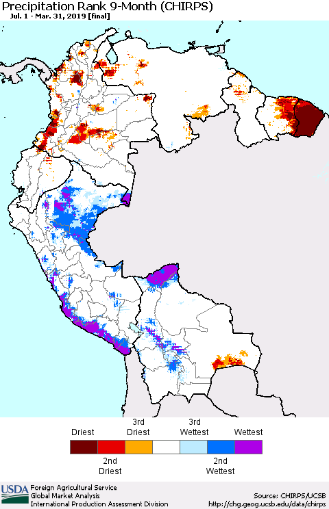 Northern South America Precipitation Rank since 1981, 9-Month (CHIRPS) Thematic Map For 7/1/2018 - 3/31/2019