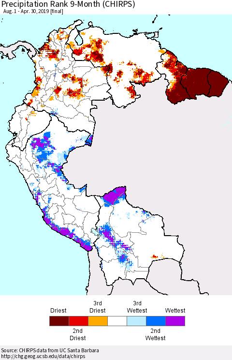 Northern South America Precipitation Rank since 1981, 9-Month (CHIRPS) Thematic Map For 8/1/2018 - 4/30/2019
