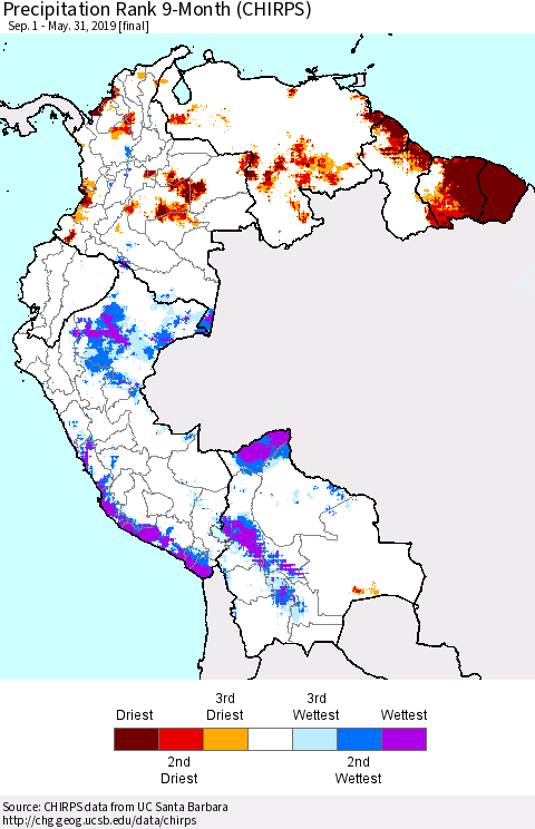 Northern South America Precipitation Rank since 1981, 9-Month (CHIRPS) Thematic Map For 9/1/2018 - 5/31/2019