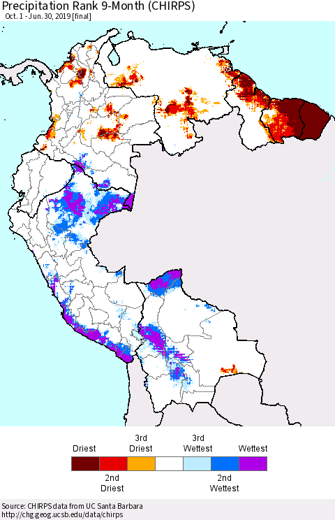 Northern South America Precipitation Rank since 1981, 9-Month (CHIRPS) Thematic Map For 10/1/2018 - 6/30/2019