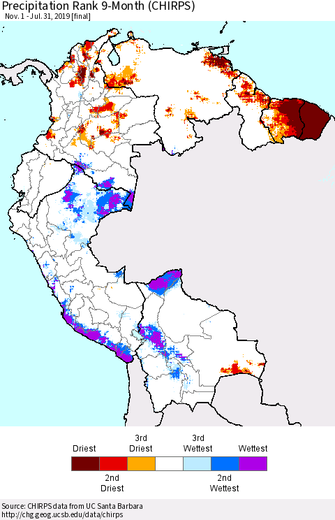 Northern South America Precipitation Rank since 1981, 9-Month (CHIRPS) Thematic Map For 11/1/2018 - 7/31/2019