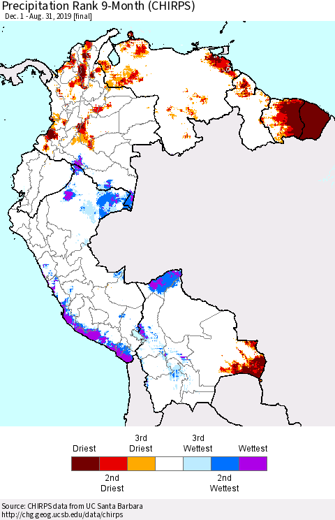 Northern South America Precipitation Rank since 1981, 9-Month (CHIRPS) Thematic Map For 12/1/2018 - 8/31/2019